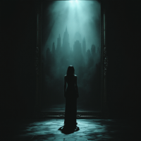 A silhouette of a woman in a dark gown stands before an ornate mirror, reflecting a misty cityscape, embodying the quote about art revealing our deepest fears and aspirations.