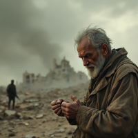 An elderly man stands amidst ruins, contemplatively examining his hands, embodying the struggle of accepting the morality of revolt in a chaotic, war-torn landscape.