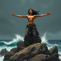 A strong woman stands on rocky shore, arms outstretched against crashing waves, embodying resilience and the will to persevere amid a dramatic, stormy sky.