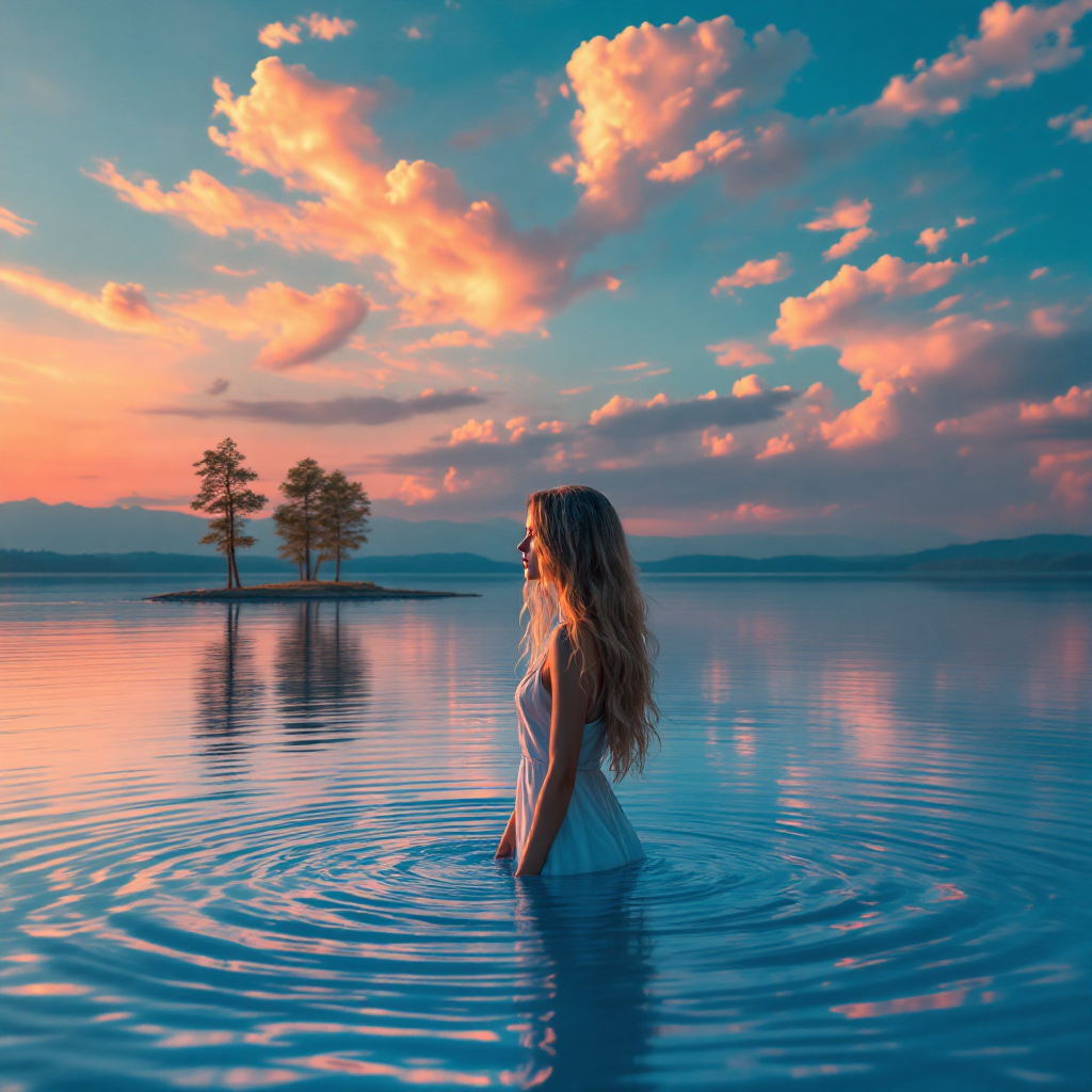 A woman stands in tranquil water at sunset, surrounded by soft clouds and distant trees, embodying the fragile nature of life and its unexpected changes.