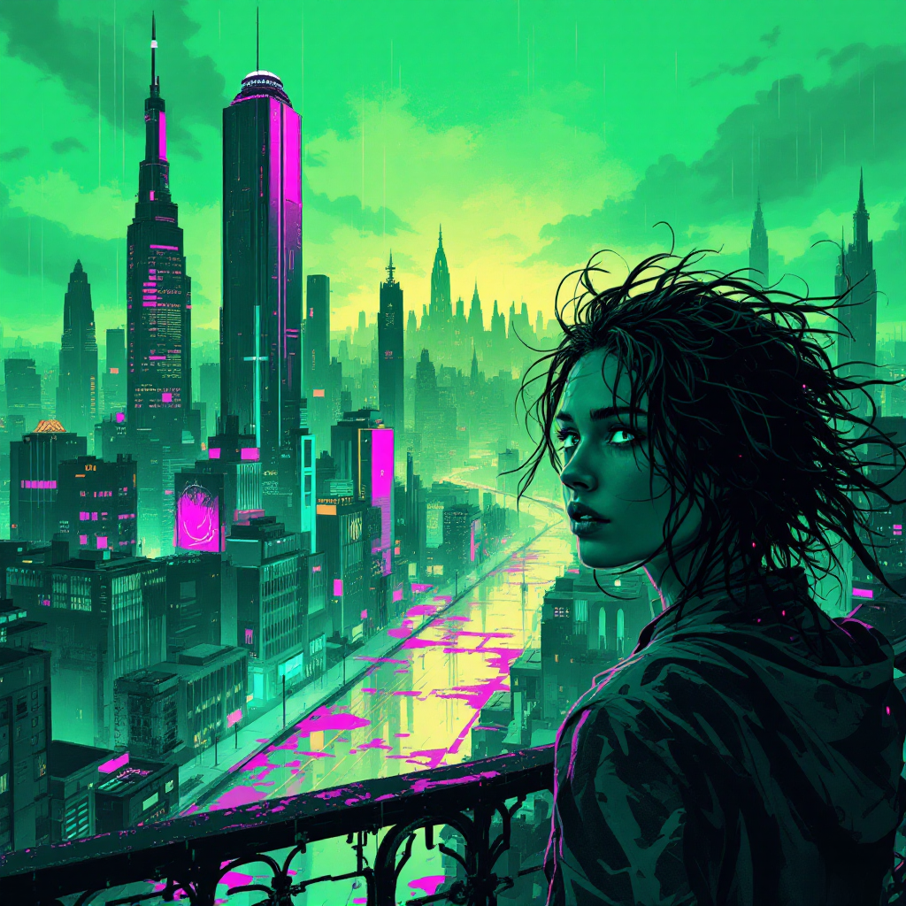 A figure gazes thoughtfully over a vibrant cyberpunk cityscape, blending neon greens and purples, reflecting on the quote about revisiting the past to move forward.