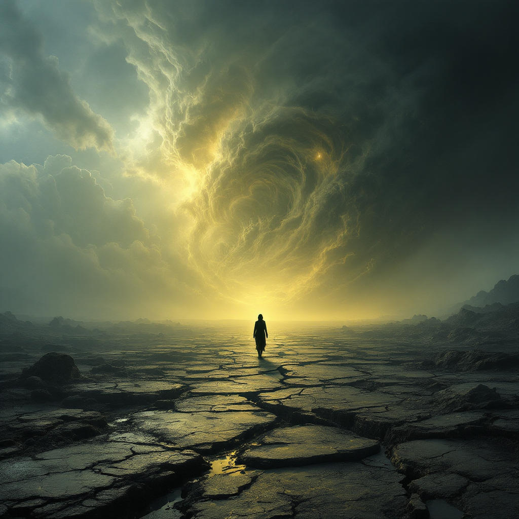 A solitary figure walks across a cracked landscape under a tumultuous sky, illuminated by an eerie light, capturing the essence of a world marked by both cruelty and hidden purpose.