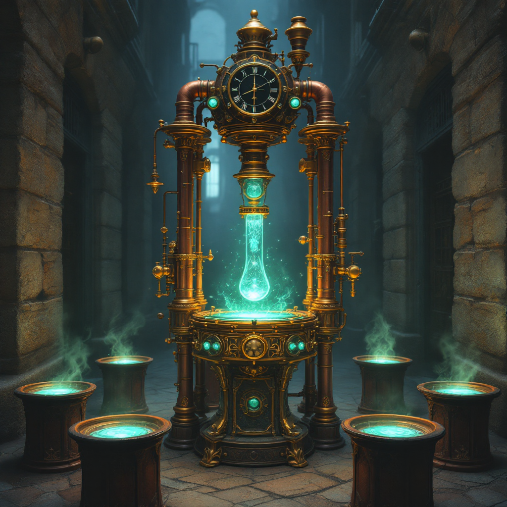 A steampunk-inspired alchemical apparatus stands in a dimly lit stone chamber, surrounded by glowing cauldrons, evoking the idea that the wine of life is drawn from many wells.