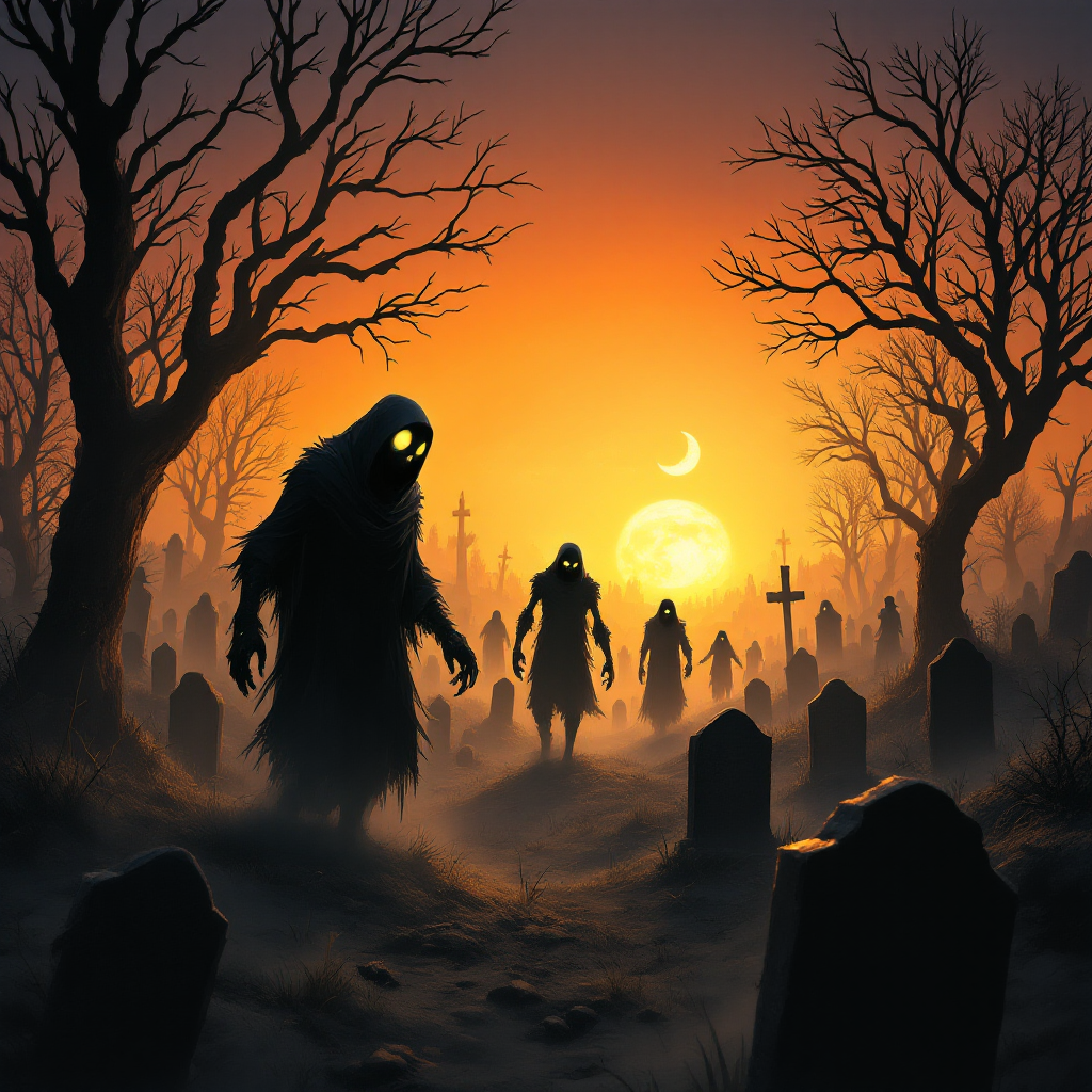 Silhouetted figures of the undead emerge from a foggy graveyard at sunset, surrounded by gnarled trees and tombstones, embodying the haunting essence of the quote, The undead never rest.