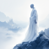 A serene figure draped in white stands atop a rocky outcrop, gazing over a misty landscape, embodying the quote about subduing the enemy without conflict.