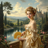 A young woman in a golden gown holds a fan, standing by a lush garden overlooking a serene lake and a distant castle, embodying the quote about self-imposed limits.