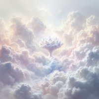 A serene, ethereal scene of fluffy pastel clouds surrounding a luminous lotus flower floating above, symbolizing purpose and service transcending the self.