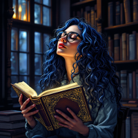 A woman with long, curly blue hair, wearing glasses, sits in a cozy library, absorbed in reading an ornate book, embodying the quote about being illiterate yet passionate about reading.