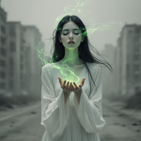 A serene woman in a flowing white dress stands in a desolate urban landscape, her hands cradling green, swirling energy, encapsulating the essence of self-reliance and inner strength.