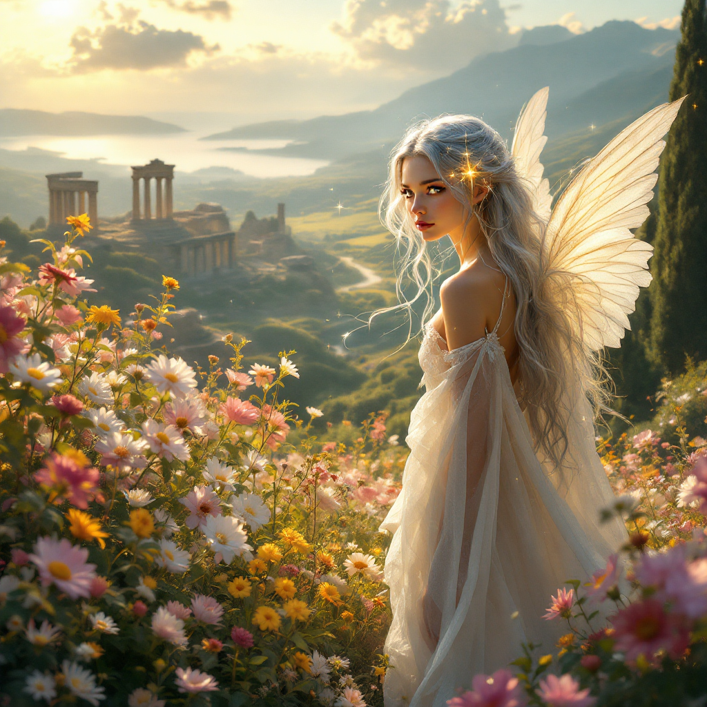 A serene fairy with flowing hair stands amidst vibrant flowers, gazing towards a distant landscape of ancient ruins under a radiant sunset, embodying the quote on love's transcendent nature.