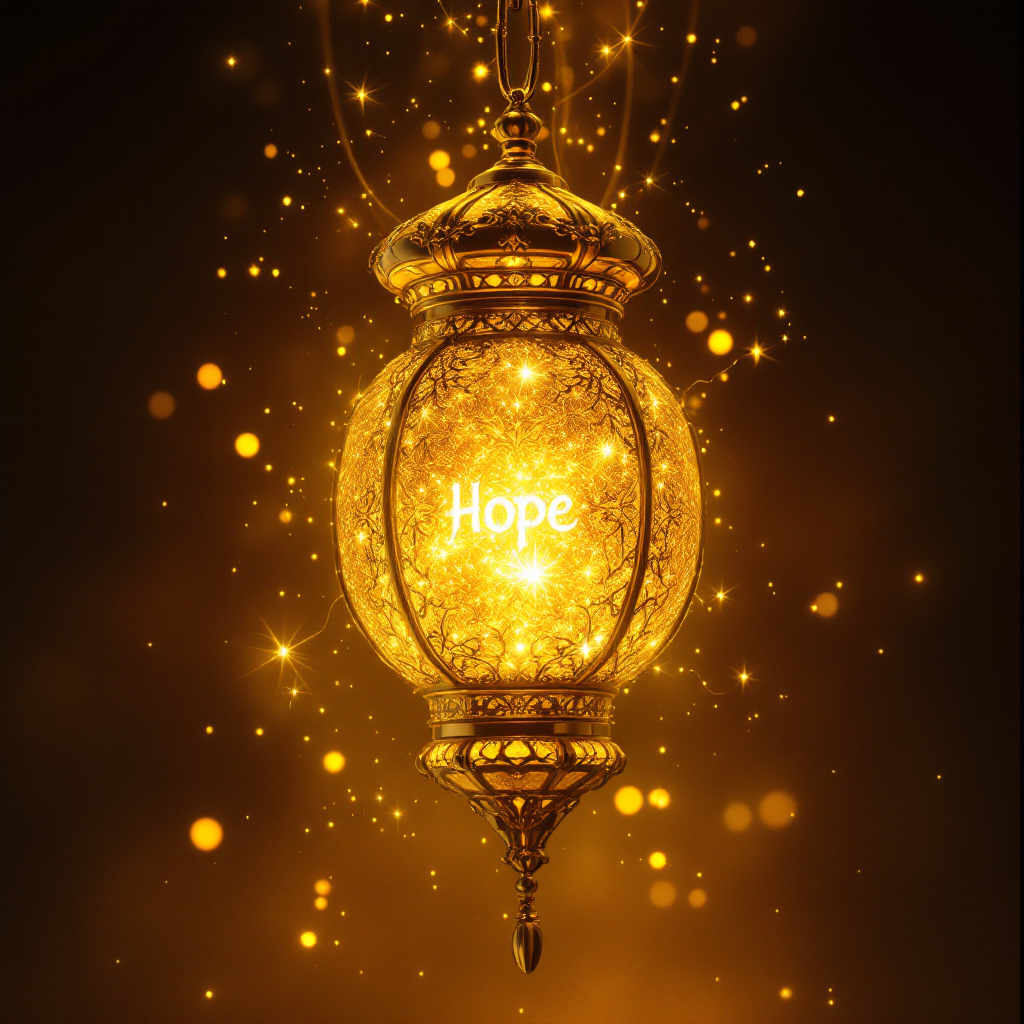 A glowing golden lantern radiates light, with the word Hope shining bright amid sparkling particles, symbolizing the spark that ignites the will to create a strategy.