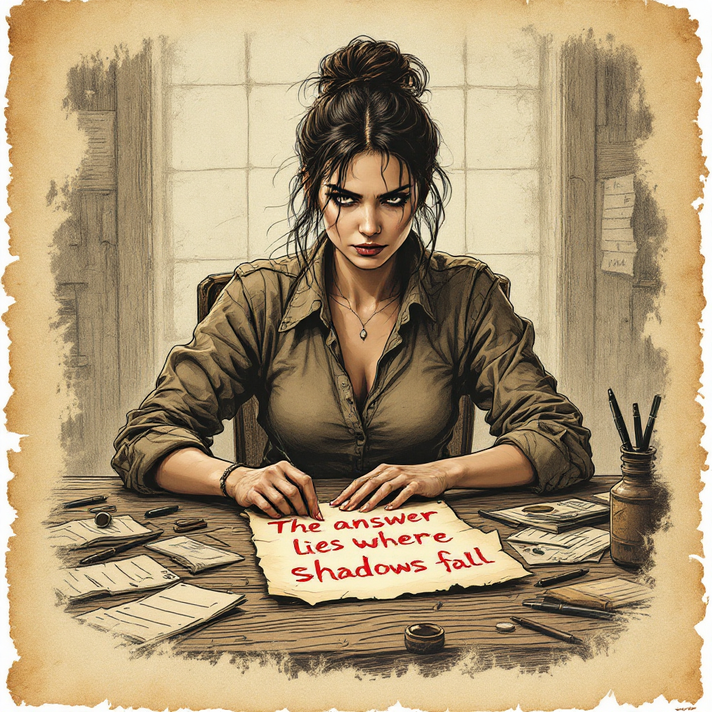 A confident woman with dark hair sits at a cluttered desk, examining a note that reads, The answer lies where shadows fall, surrounded by scattered papers and writing tools.