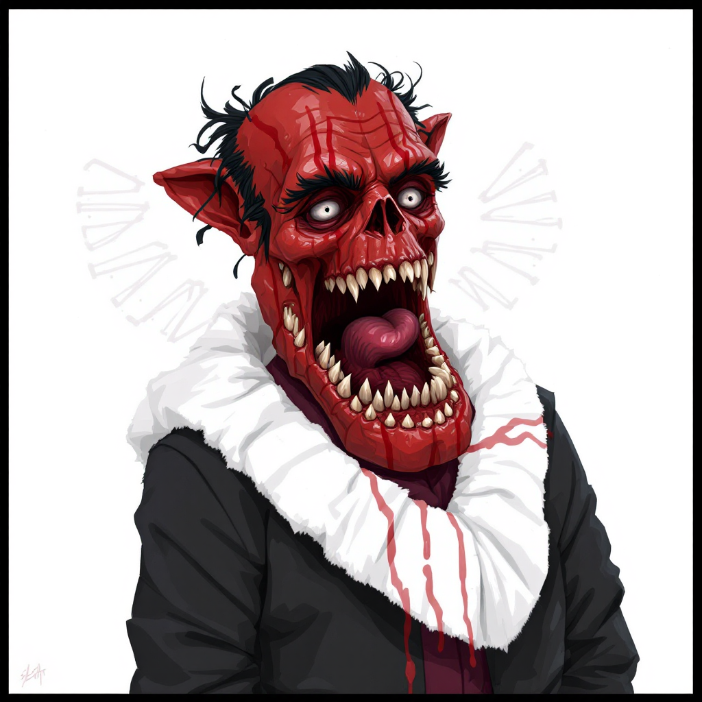 A monstrous figure with a red, skull-like face, sharp teeth, and wild hair, dressed in a dark outfit with a blood-stained collar, embodies the chilling sentiment that all murder is a great crime.