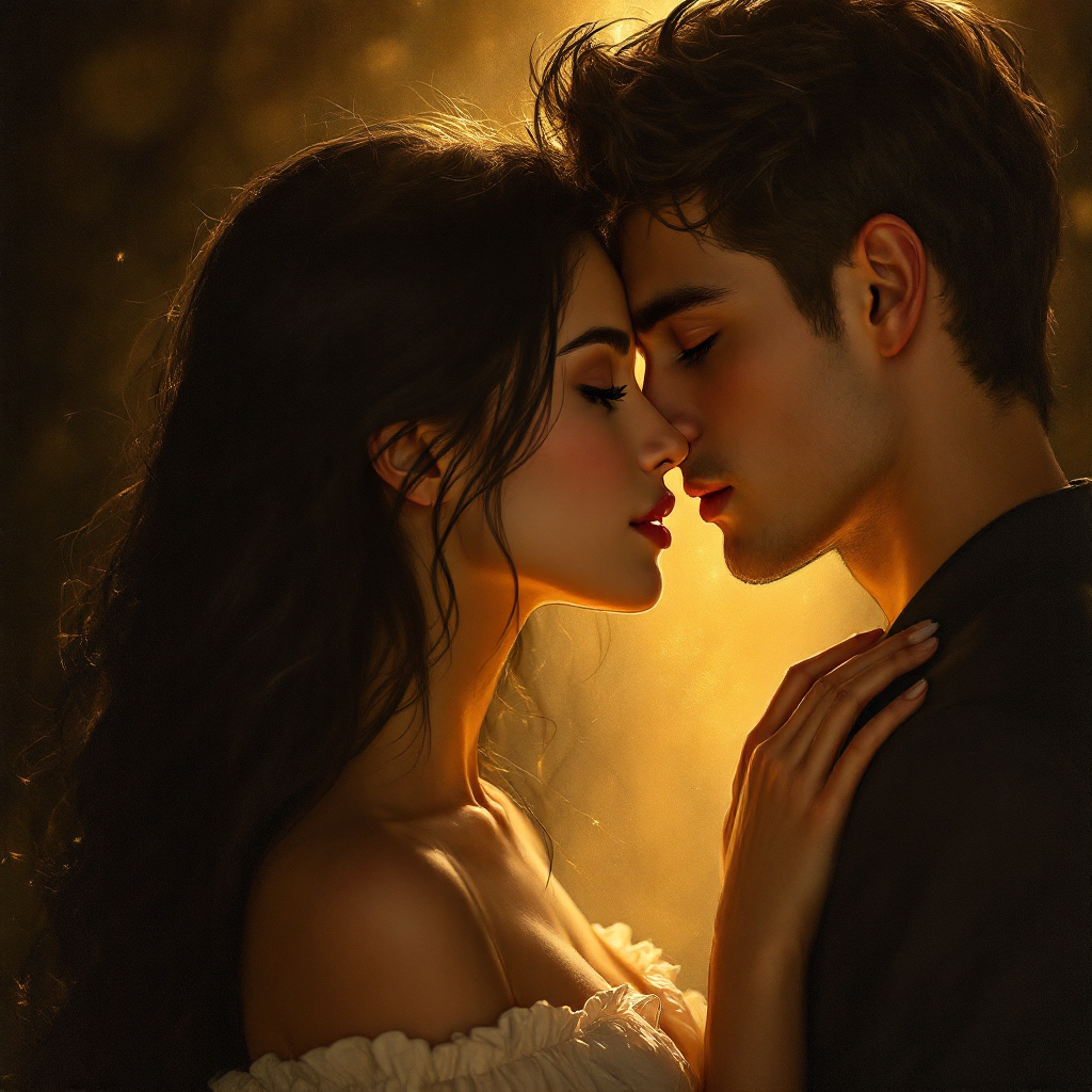 A couple shares an intimate moment, their foreheads touching, surrounded by a warm, golden light that symbolizes love's evolution over time.