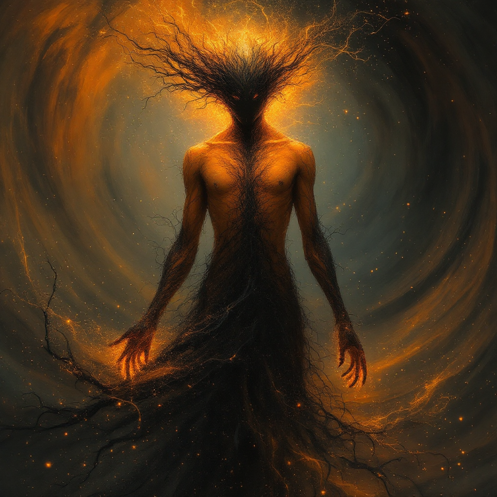 A figure with an ethereal, tree-like form emerges from swirling orange and dark hues, symbolizing transformation and the power to change one's actions.