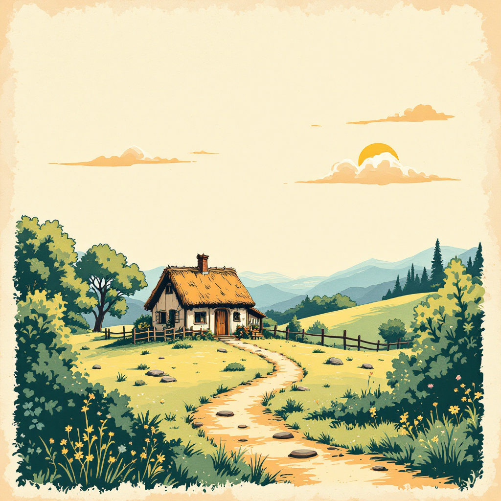 A serene landscape featuring a quaint cottage, a winding path, and lush greenery, bathed in warm sunlight, embodying the essence of a simple and happy life.