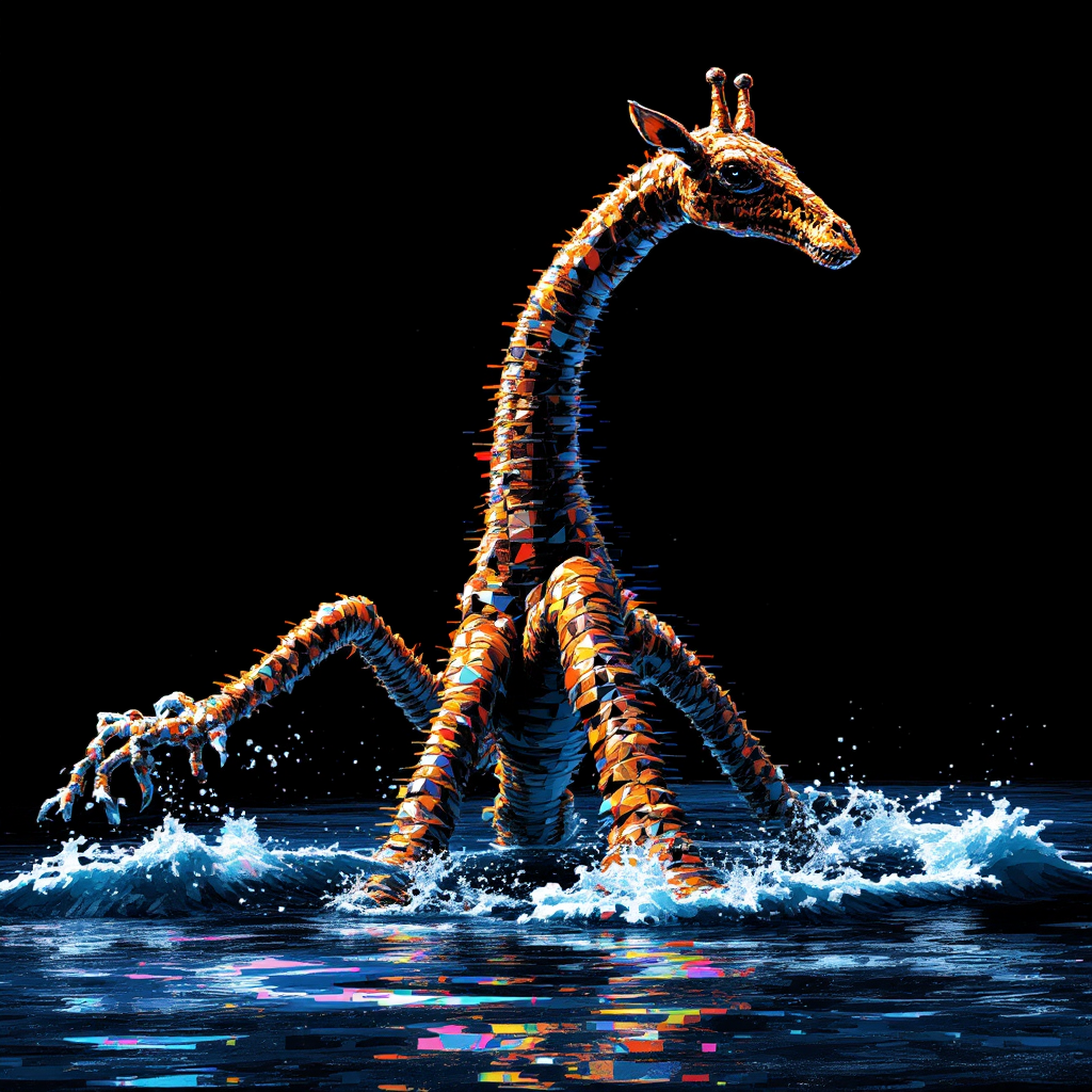 A towering, spindly giraffe-like creature with elongated legs and a long neck walks on the ocean surface, its broad feet creating splashes as it moves against a dark background.