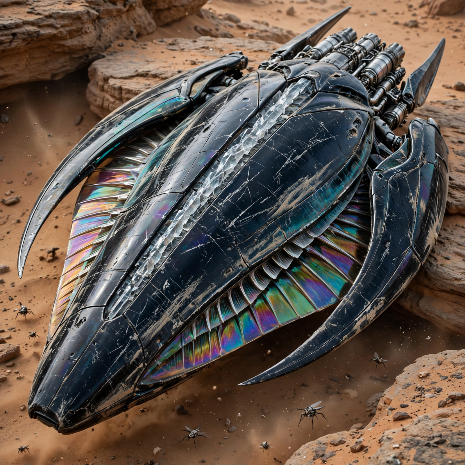 A sleek, black, insect-like ship with translucent, color-shifting gill arrays, sharp sickle-shaped wings folded tightly, a crystal spine, and clustered silvery engines, resting on rocky terrain.