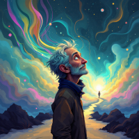 A contemplative man with gray hair gazes upward, colorful swirls of light and a distant figure in the backdrop symbolize the challenges of change and the potential for transformation.