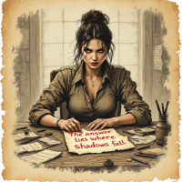 A confident woman with dark hair sits at a cluttered desk, examining a note that reads, The answer lies where shadows fall, surrounded by scattered papers and writing tools.