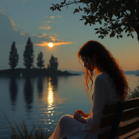 A serene lakeside scene during sunset, featuring a young woman in a white dress sitting on a bench, lost in thought as the sun reflects on the calm water.