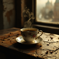 A delicate floral cup sits on a rustic wooden table, steam rising from rich coffee. Sunlight filters through a window, capturing a moment of warmth and nostalgia.