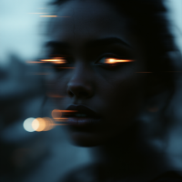 A close-up of a woman's face with glowing eyes, surrounded by a mysterious, blurred urban backdrop, embodying the journey of enduring pain and transformation.