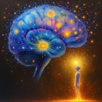 A vibrant, glowing brain hovers above a silhouetted figure, symbolizing the interconnectedness of minds and the essence of existence, reflecting on the value of consciousness.