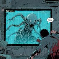 A monstrous, shadowy SCP-3125 with multiple tentacle-like arms and glowing eyes emerges from a screen, threatening a terrified, bloodied figure in a dark room.