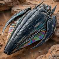 A sleek, black, insect-like ship with translucent, color-shifting gill arrays, sharp sickle-shaped wings folded tightly, a crystal spine, and clustered silvery engines, resting on rocky terrain.
