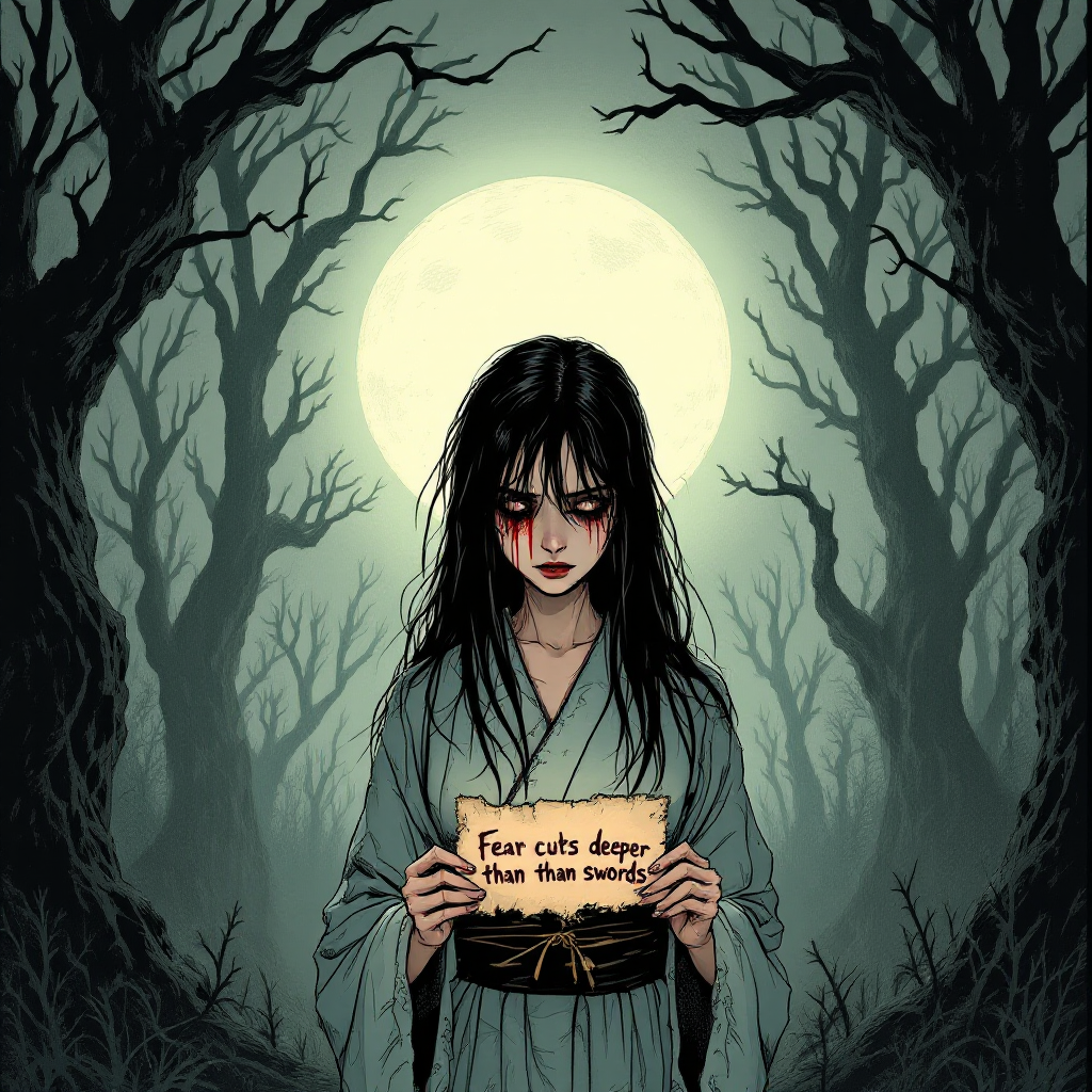 A haunting figure stands in a dark forest under a full moon, holding a sign that reads, Fear cuts deeper than swords, embodying the quote's chilling essence.