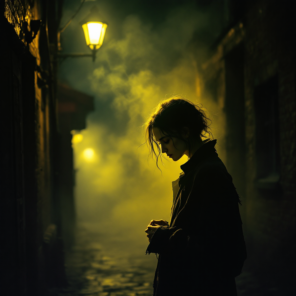 A shadowy figure stands in a foggy alley, illuminated by a dim streetlight, evoking feelings of isolation and melancholy, resonating with the quote on depression and breath.