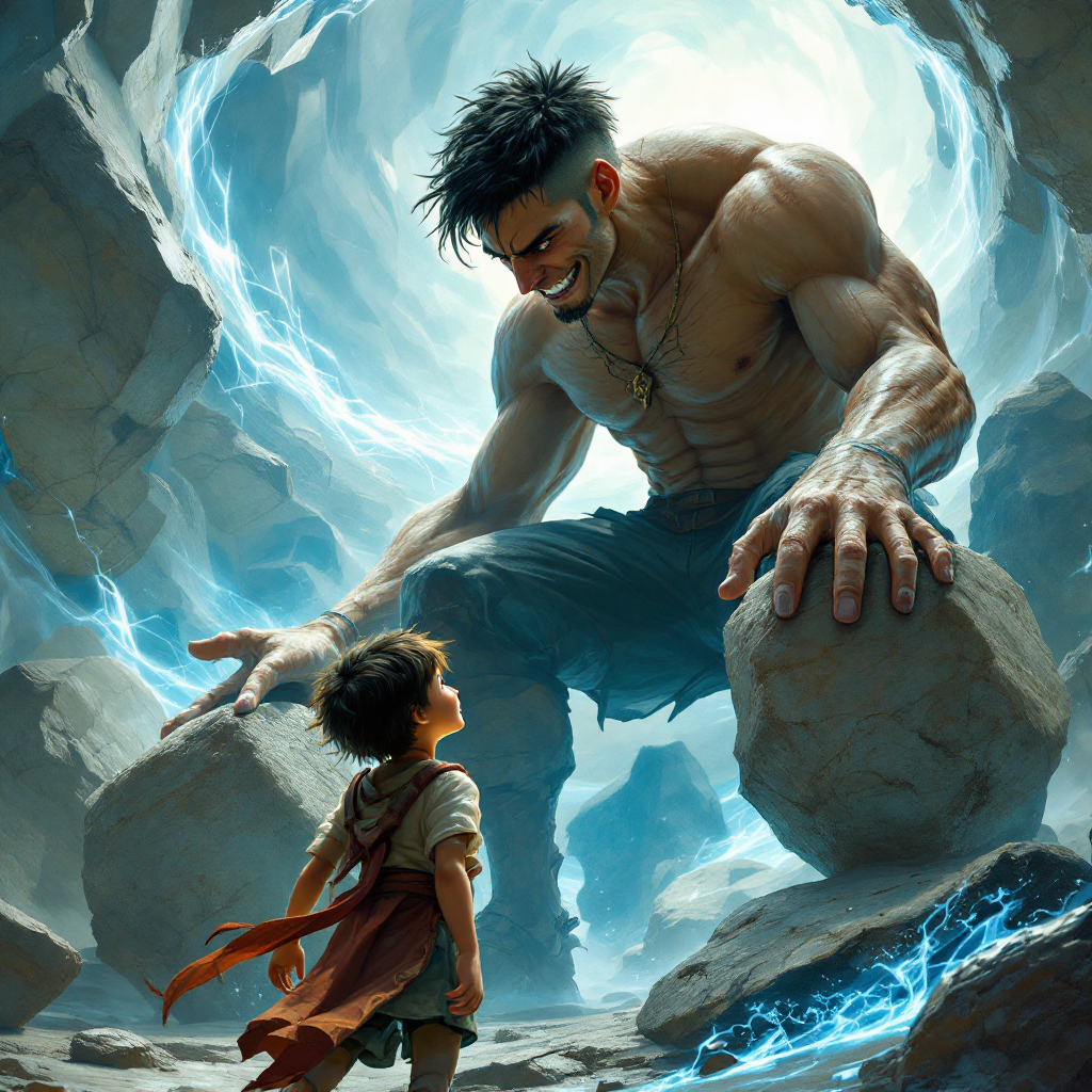 A colossal boy with short hair and a muscular build reaches out to a small child, surrounded by swirling light and rocks, evoking the imagery of a powerful monster.