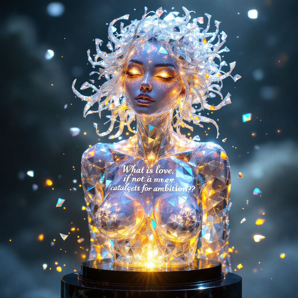 A shimmering, crystalline bust of a woman glows with ethereal light, featuring the quote, What is love, if not a catalyst for ambition? surrounded by a misty, dramatic background.