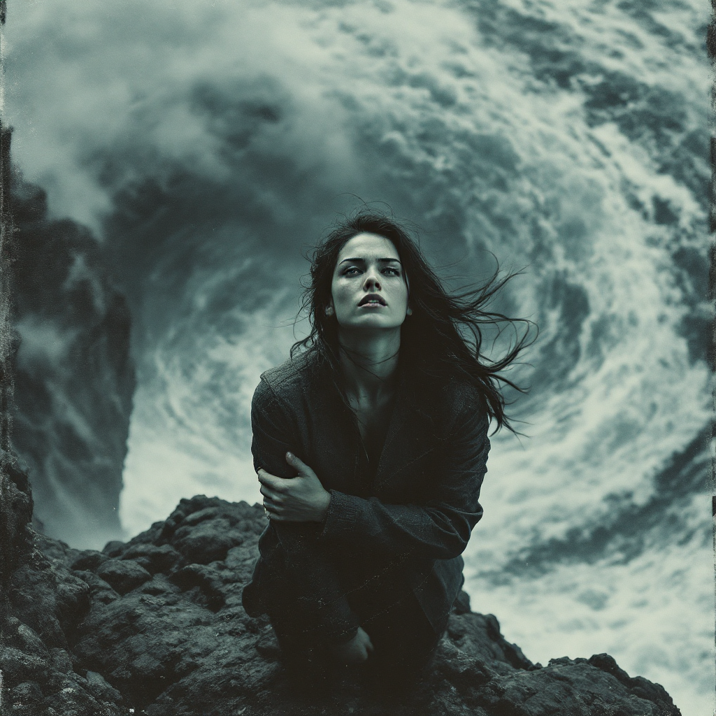 A woman stands on rocky terrain, windswept and contemplative, facing a turbulent ocean swirl behind her, embodying the essence of courage amid fear.