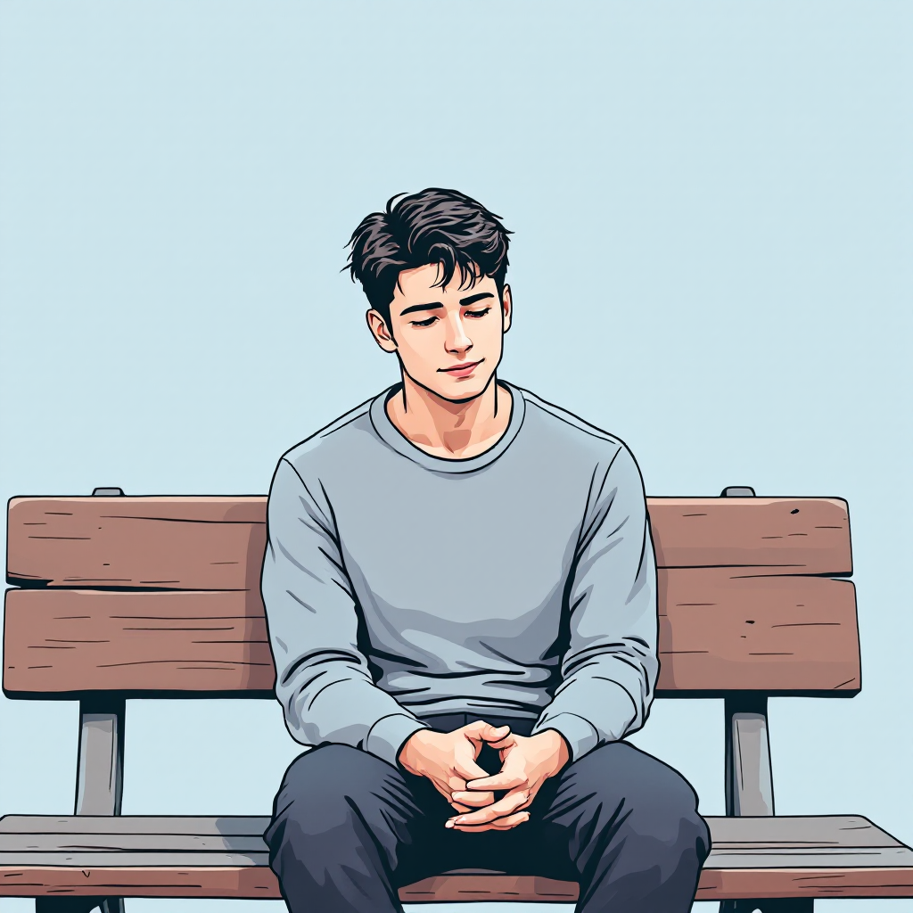 A young man sits on a bench, deep in thought, embodying the essence of understanding others by reflecting on their experiences. The background is a soft blue, enhancing his contemplative mood.