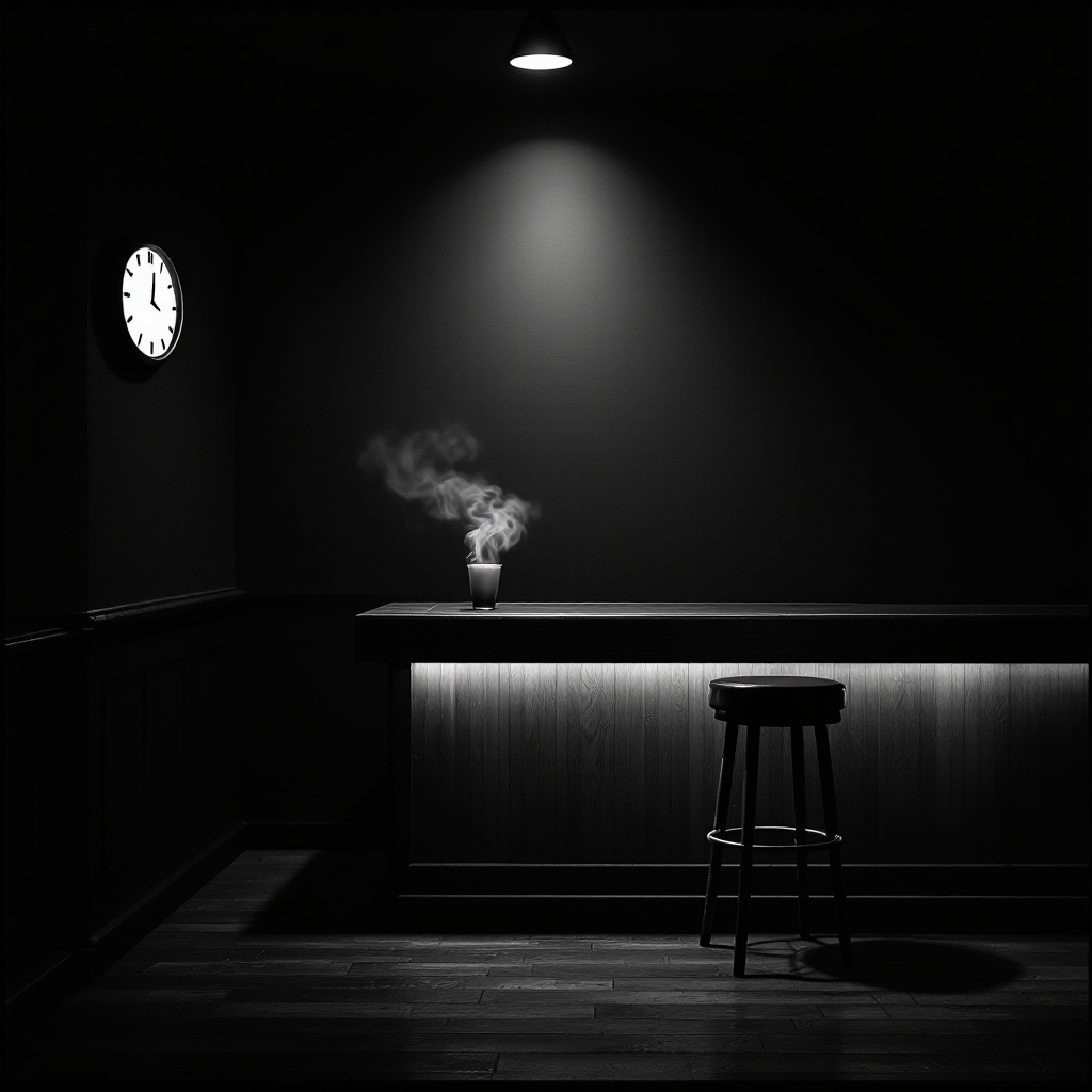 A dimly lit bar with a single stool, a clock on the wall, and steam rising from a drink on the counter, captures the essence of the quote: In the beginning, there was nothing but the bar.