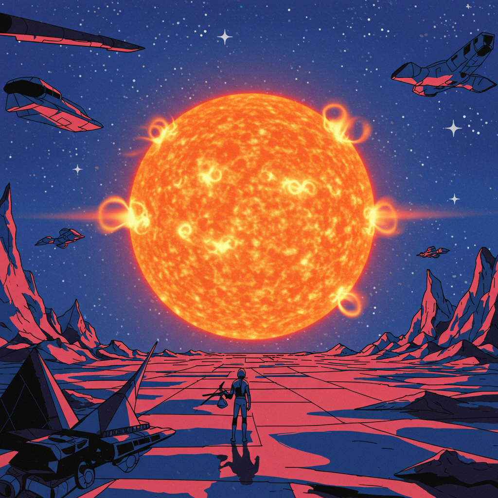 A bright, geometrically perfect sun glows over a futuristic alien landscape with rocky terrain, spacecraft, and a lone figure beneath a starry sky.