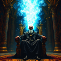 A majestic figure sits in a grand throne, shrouded in dark robes, with glowing blue mist rising from his head, embodying the powerful Mage-Imperator in a mystical setting.