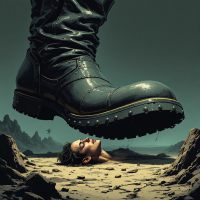 A giant black boot looms over a person’s face embedded in barren ground, evoking the chilling quote about oppression and a bleak future.