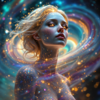 A cosmic figure surrounded by swirling galaxies and sparkling stars embodies the quote, We are all stardust, but it is how we choose to shine that defines us.