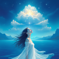 A serene figure in a flowing white dress stands by tranquil waters, gazing upwards as clouds part to reveal a radiant light, embodying the quest to uncover deeper truths.