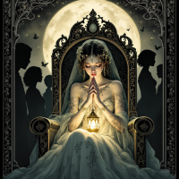 A woman in a flowing gown sits in a grand chair, holding a lantern, surrounded by shadowy figures. A large, glowing moon looms behind her, symbolizing the collective impact of mental illness.