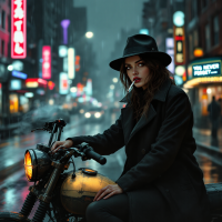 A confident woman in a black coat and hat sits on a vintage motorcycle amidst a rainy, neon-lit city street, embodying the quote, It’s like riding a bike. You never really forget.