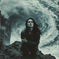 A woman stands on rocky terrain, windswept and contemplative, facing a turbulent ocean swirl behind her, embodying the essence of courage amid fear.