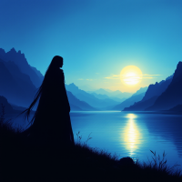 A silhouette of a figure stands against a serene landscape at dusk, with a glowing sun reflecting on a tranquil lake, evoking themes of individual thought beyond divine awareness.