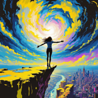 A silhouetted figure stands on a rocky ledge, arms outstretched towards a swirling sky of vibrant blues and yellows, embodying the uncertainty of life and the loss of solid ground.