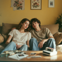 A young couple sits quietly on a couch, leaning close but expressionless, surrounded by nostalgic photos and soft light, reflecting a fading intimacy after once joyful “I love yous.”