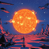 A bright, geometrically perfect sun glows over a futuristic alien landscape with rocky terrain, spacecraft, and a lone figure beneath a starry sky.