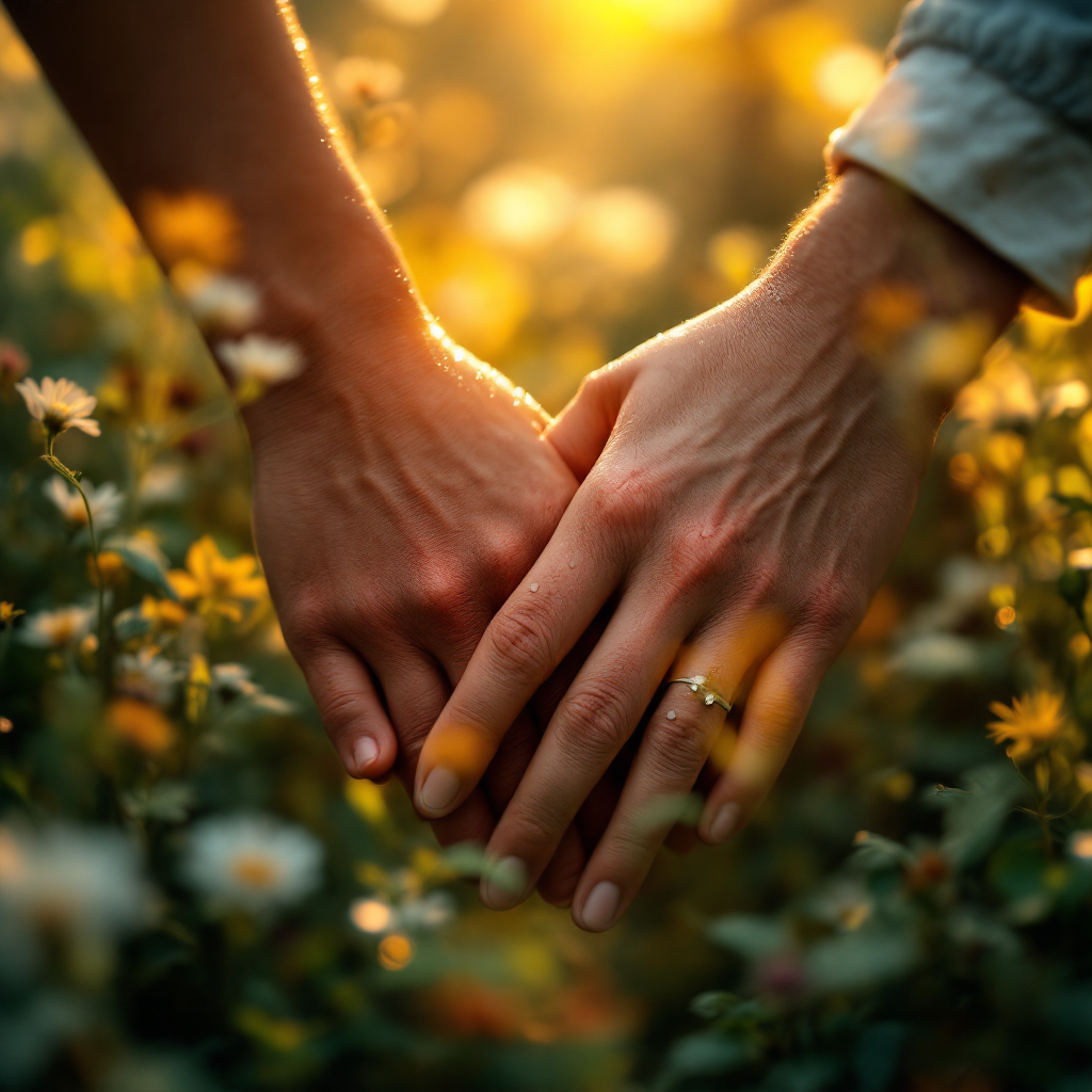 Two hands intertwine gently amid a field of flowers, bathed in warm, golden light, symbolizing love, connection, and the beauty of belonging together.